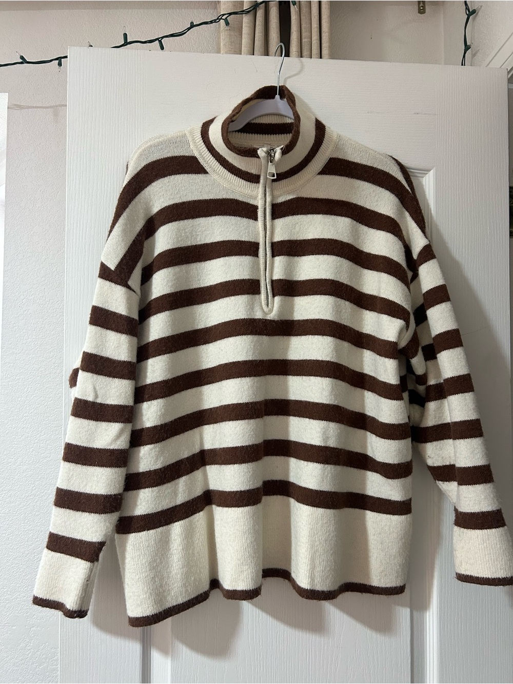 En Creme Striped Half-Zip Sweater in Cream and Brown